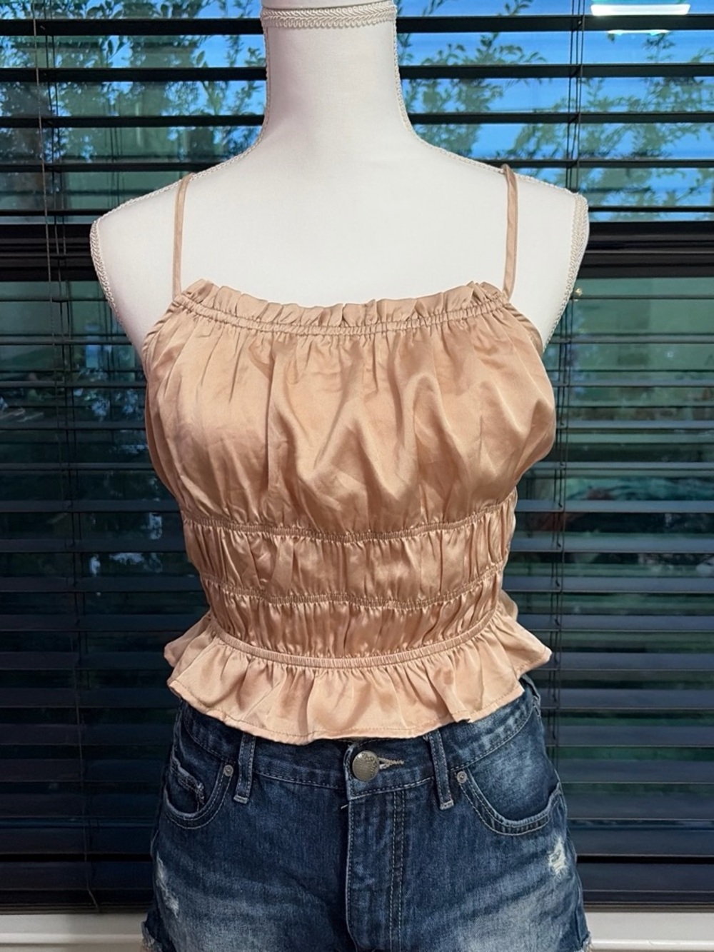 Tilly's Satin Smocked Ruffle Cami Top - Blush